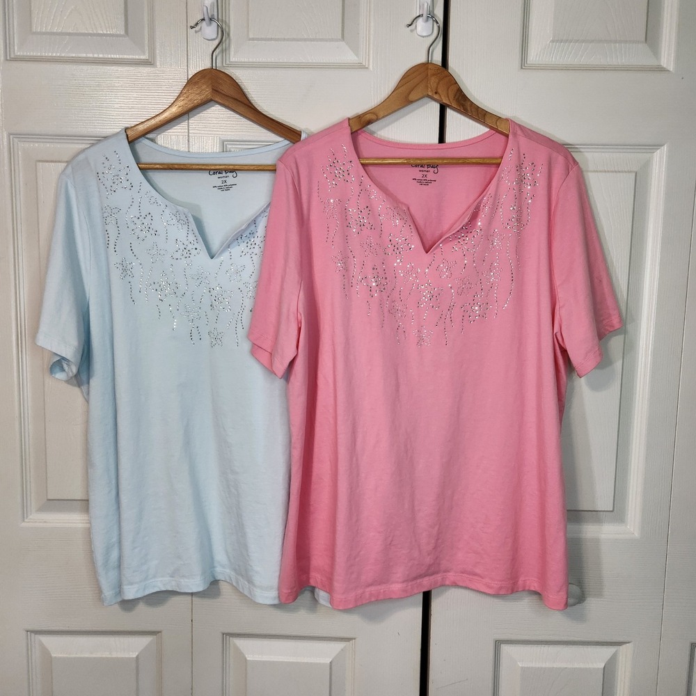 Coral Bay Woman 2X Pink Blue Rhinestone Split Neck Short Sleeve Tops Lot of 2